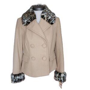 NWT INC International Concepts Faux Fur Trim Camel Wool Peacoat Size Small